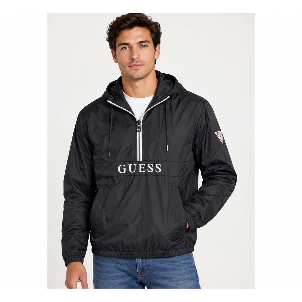 Guess Los Angeles Mens Quarter Zip Hooded Windbreaker Jacket Black Logo Size M